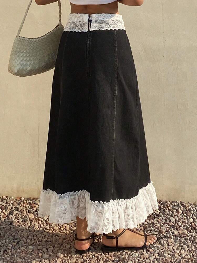 Elegant Party Cotton Lace Patchwork Flared Contrast Color Denim Skirt, Spring & Summer