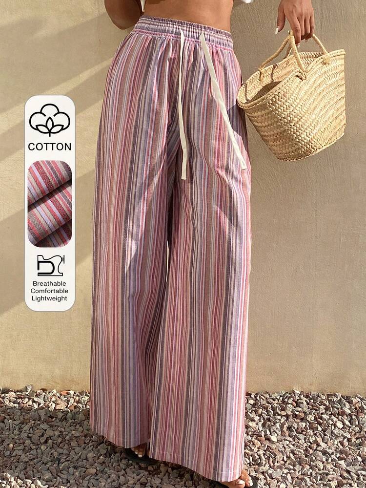 Pink Striped Drawstring Waist Casual Women Pants, Suitable For Spring & Summer Vacation