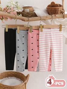SHEIN Bộ 4 chiếc quần legging ôm sát in họa tiết trái tim và sọc kẻ dễ thương cho bé gái, thích hợp cho các hoạt động hàng ngày, sinh hoạt trường học, họp mặt gia đình và mọi mùa. - Nhiều màu - Xem 3