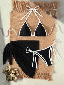 Swim Vcay Bộ bikini nữ màu trơn mới, dây đeo vai mảnh phối màu tương phản, quần short cạp cao buộc dây bên hông, váy lưới, bộ đồ bơi 3 mảnh, đồ bơi 2 mảnh cho nữ, áo bikini đen, áo croptop, bikini cho nữ - Nhiều màu - Xem 8