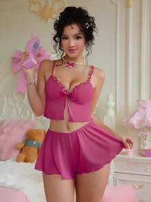 PetitDoll 2 piezas Conjunto de lencería de malla transparente con bordado floral para mujeres - Rosa Fucsia - Ver 3