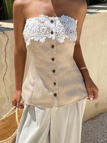 Livesso White Hollow Floral Lace Patchwork Fashionable Beige Camisole Crop Top, Sexy Music Festival, Valentine's Day, Casual Beach Golf Vacation, Fitted Waist - Beige - View 5