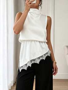 SHEIN PariChic 夏季女式衬衫杏色缎面无袖高领蕾丝拼接上衣 - 白色 - 查看 7