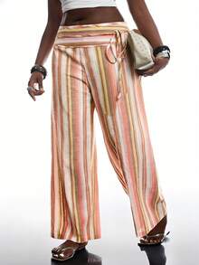 SHEIN EZwear 彩色条纹系带拼接加大码休闲裤，春夏款 - 橘色 - 查看 3