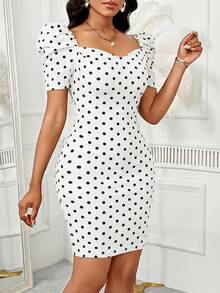 SHEIN Lady Đầm nữ thanh lịch, cổ tim, tay cánh hoa, in chấm bi, ôm dáng. - trắng - Xem 3