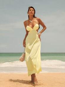 NOVVYNE Women's Sexy Backless Cross Strap Fitted Midi Dress, Slimming Silhouette For Party, Holiday - Yellow - View 4