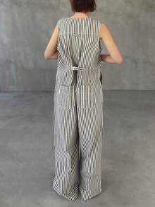 FRIFUL Women's Fashion Casual Striped Pocket Sleeveless Jumpsuit Lounge Sets For Women - Black - View 3