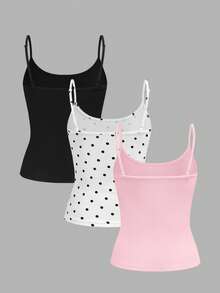 Comfortcana 3件装女士纯色吊带背心，复古波点短款紧身背心，适合夏季穿着 - 彩色 - 查看 2