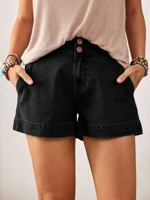 EMERY ROSE Plus Size Solid Color Straight Pocket Casual Summer Versatile Denim Shorts - Black - View 5