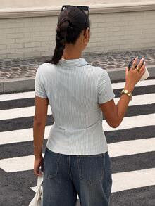 DAZY Women's Striped Slim Fit Short Sleeve Collared Casual Vacation Blouse - Baby Blue - View 6