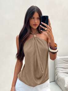 Aloruh Women's Backless Halter Neck Top,Beige Khaki Metal Buckle Summer Casual Holiday Vacation,Solid Color Sleeveless Top For Women New Year's Eve - Khaki - View 7
