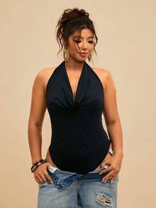 Travachic Plus Size Summer/Beach; Draped Front Backless Halter Bodysuit | Vacation Resort - Black - View 3