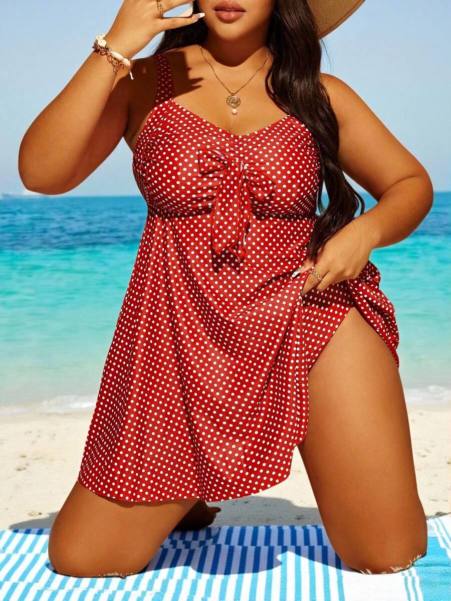 Swim Lushoire Plus Size Summer Beach Polka Dot Print Tie Front Swimsuit Dress - Red and White - View 1