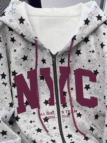 Hot-Selling Style, American Retro Street English Star-Printed Women's Zipper Hooded Sweatshirt, Suitable For Daily Shopping, Dating And Commuting, Fashionable And Warm For Autumn And Winter. - Multicolor - View 3