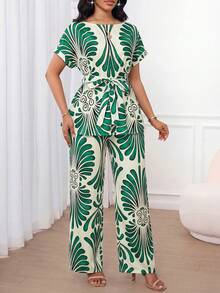 SHEIN Lady Conjunto elegante de 2 piezas para mujer: Camisa de cuello barco con cintura anudada y pantalones con estampado total - Multicolor - Ver 7