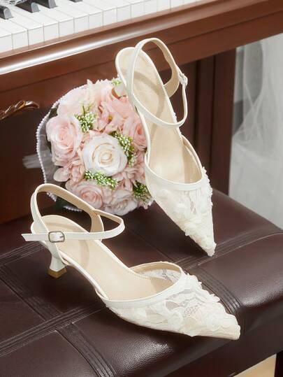 CUCCOO HITCHD Women Shoes Nude Lace Mesh Backspace High Heels Pointed Low Heel Bridesmaids Attendance Single Shoes Women