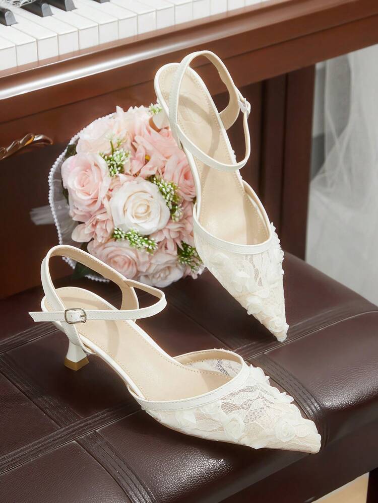 CUCCOO HITCHD Women Shoes Nude Lace Mesh Backspace High Heels Pointed Low Heel Bridesmaids Attendance Shoes Women