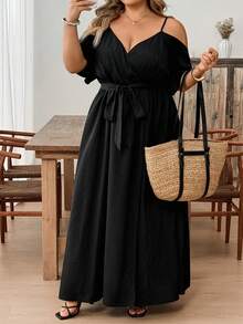 SHEIN CURVE+ Curve 尺码 US22 音乐节、海滨度假、波西米亚风女士夏季休闲度假风纯色露肩高开衩腰带连衣裙 - 黑色 - 查看 4