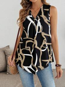 EMERY ROSE Plus Size V-Neck Sleeveless Shirt, Suitable For Summer - Black - View 3