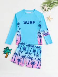 SHEIN Tween Boys Aqua Blue Swimwear Set,Ombre Palm Tree Print Long Sleeve Rash Guard And Swim Trunks,Funny Colorblock Letter Graphic,Summer Vacation Holiday - Blue - View 3