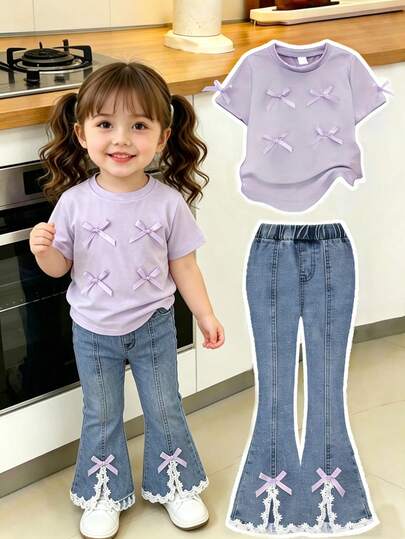 Genkimix Kids Set de 2 piezas de top con lazo de manga corta y cuello redondo de unicolor + pantalones vaqueros acampanados de cintura elástica para niñas, estilo casual de primavera/verano