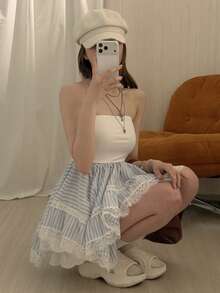 DAZY 女款拼色拼接荷葉邊無袖背心上衣，甜美女孩風 - 白色 - 查看 7