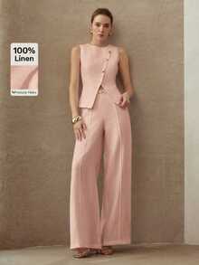 MOTF PREMIUM Pantalones de pierna ancha 100% de lino con hebilla metálica como decoración de la cintura, elegantes para el transporte, estilo vintage - Rosa - Ver 1