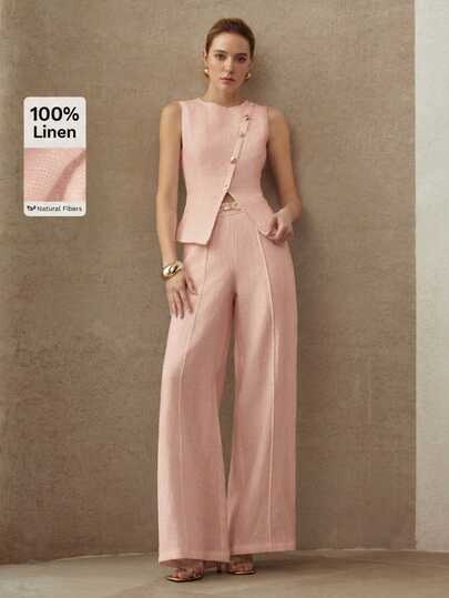 MOTF PREMIUM Calça de linho 100% com pernas largas e fivela metálica na cintura, elegante para o dia a dia, estilo vintage.
