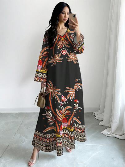 SHEIN Najma 热带植物印花黑色连衣裙，V领长袖连衣裙，优雅连衣裙，波西米亚风格女装，阿拉伯服饰，春夏款