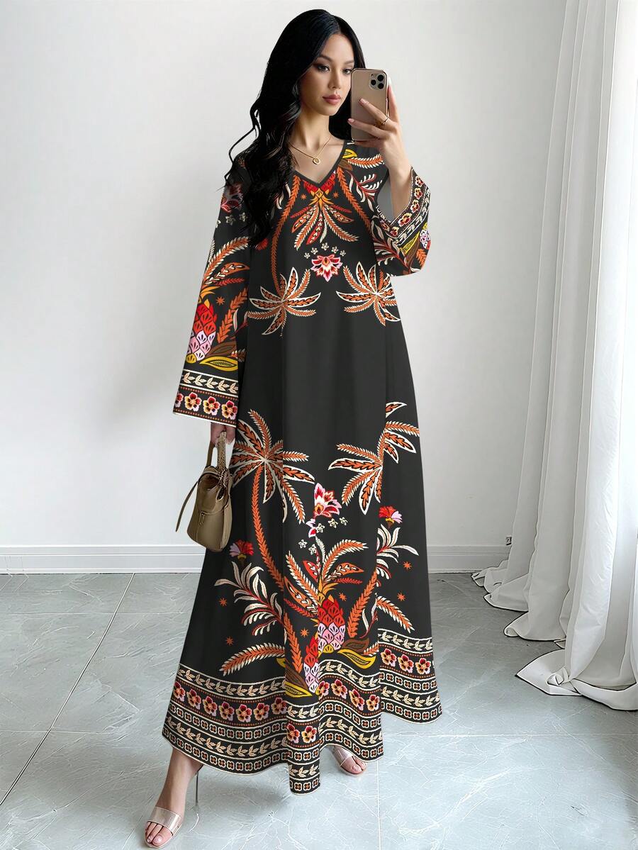 SHEIN Najma Đầm đen in họa tiết cây nhiệt đới, cổ chữ V, tay dài, kiểu dáng thanh lịch, phong cách Bohemian dành cho nữ, trang phục Ả Rập, mùa xuân/hè. - Nhiều màu - Xem 1