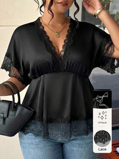 EMERY ROSE Top cu mânecă scurtă din dantelă contrastantă neagră, mărime plus