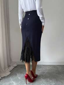Elenzga Plus Size Women's Spring/Summer Button Decor Split Lace Patchwork Casual Midi Skirt - Navy Blue - View 5