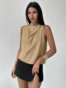 Firerie 女士优雅时尚新款通勤办公日常度假音乐节不对称褶皱杏色衬衫，春夏款 - 卡其色 - 查看 4