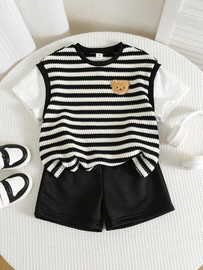 SHEIN 2 piezas Conjunto de camiseta de manga corta con efecto de capa simulada a rayas y pantalones cortos casuales y de moda para niños pequeños en primavera/verano, conjunto de ropa de calle