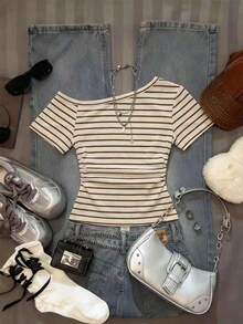SHEIN Women's Short Sleeve Asymmetrical Shoulder Striped Ruched Summer Fashion T-Shirt - White - View 2