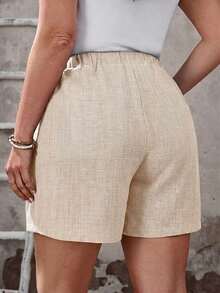 EMERY ROSE 大码女式纯色口袋蓝色短裤，适合春夏度假穿着 - 卡其色 - 查看 2