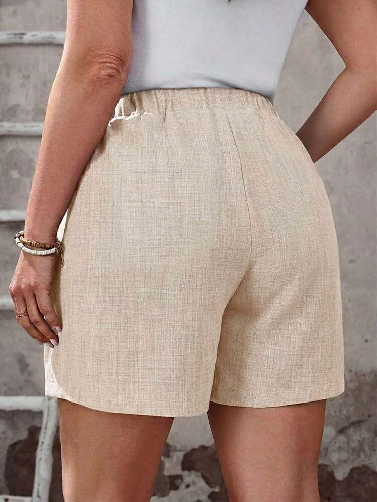 Plus Size Women's Solid Color Pocket Blue Shorts, Suitable For Spring And Summer Vacation,Plus Size Women's Summer Casual Vacation Country Solid Color  Shorts With Pockets,, Summer Holiday,Spring Break Outfits ,Vacation Outfits Women ,Holiday Outfits For Women,Going Out Outfits,2026 New Clothes,Simple And Fashionable For Everyday Wear,Casual Vacation Boho Shorts,Loose Boho Bermuda Shorts, Women Summer Shorts,Gifts For Mother
