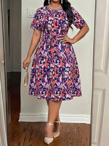 SHEIN Lady CURVE 大码夏季休闲全印花连衣裙 - 彩色 - 查看 4