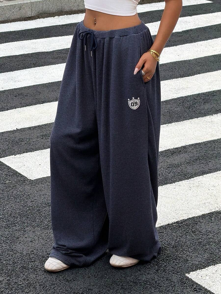 DAZY 印花图案宽松抽绳休闲运动长裤，女士夏季运动裤 - 藍色 - 查看 1