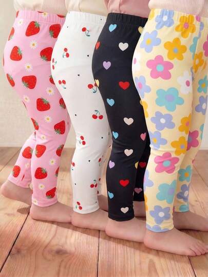 Vintaside Kids Bộ 4 quần legging cho bé gái, chất liệu mềm mại, dễ thương, in hình hoa, dâu tây, trái tim và quả anh đào, kiểu dáng thường ngày, giá trị cao, phù hợp cho bé chơi trong nhà hoặc ngoài trời vào mùa xuân/hè, quần in nhiều màu sắc ngọt ngào đáng yêu, quần legging cơ bản đa năng cho mùa xuân/hè hoặc mọi mùa.