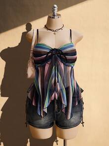 SHEIN ICON 大码女式条纹度假风系带不对称下摆吊带衫 - 彩色 - 查看 4