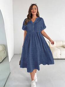 SHEIN CURVE+ 航海条纹加大码翻领短袖开衫连衣裙 - 彩色 - 查看 3