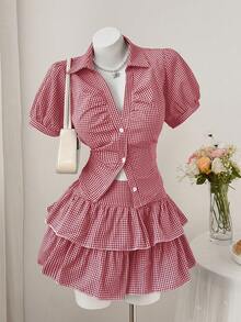 Sweetra Plus Size 2pcs Plaid Short Sleeve Shirt Ruffle Shorts Set, Casual Curve Fairycore Comfortable For Spring/Summer Vacation White - Red and White - View 4