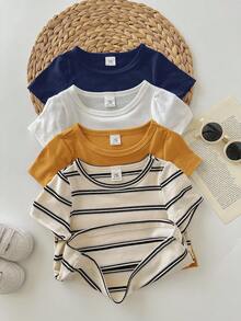 4pcs Baby Boy & Baby Girl Cute Casual Versatile Knitted Elastic Striped Long Sleeve Top Set, Suitable For Spring & Summer Indoor And Outdoor - Multicolor - View 4