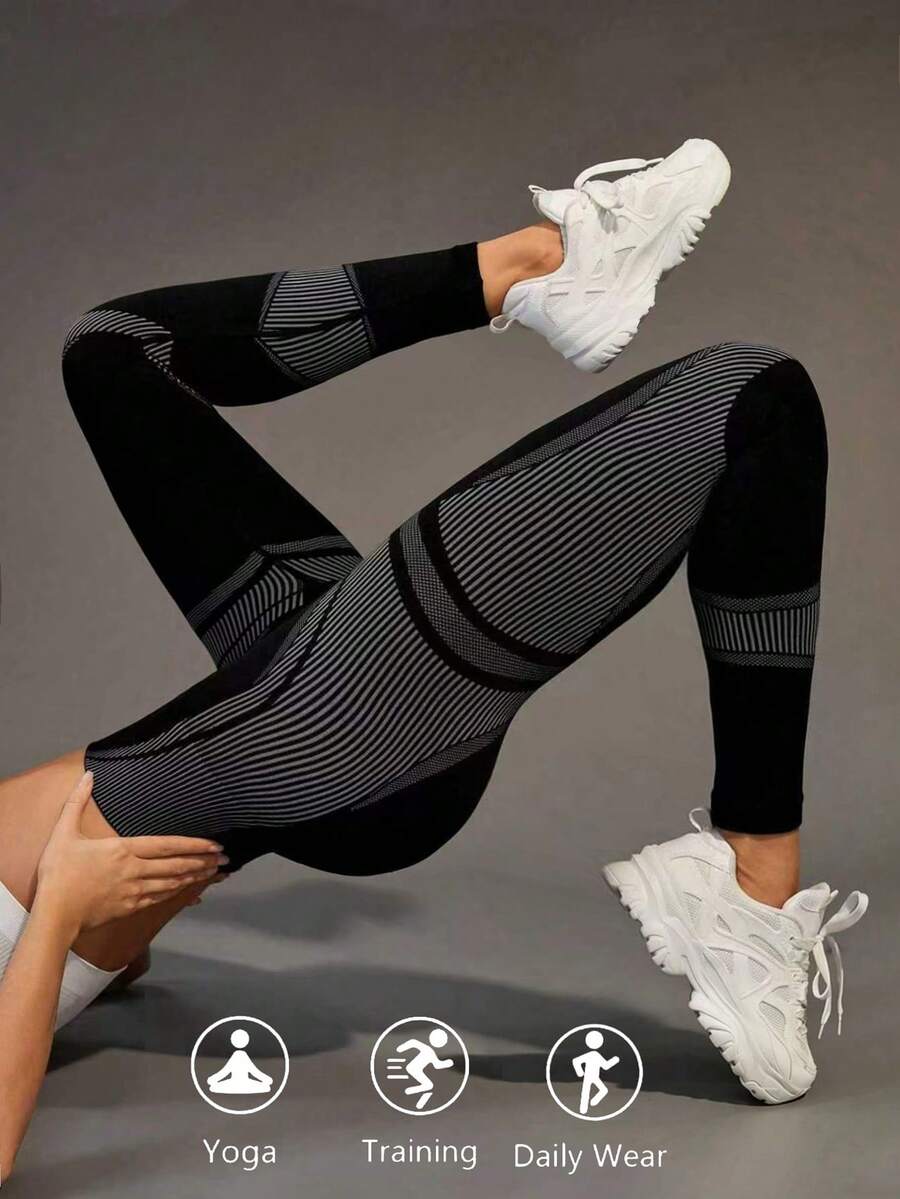 Seamluxe SHEIN Sport 女款撞色条纹无缝高腰运动紧身裤瑜伽裤 - 彩色 - 查看 1