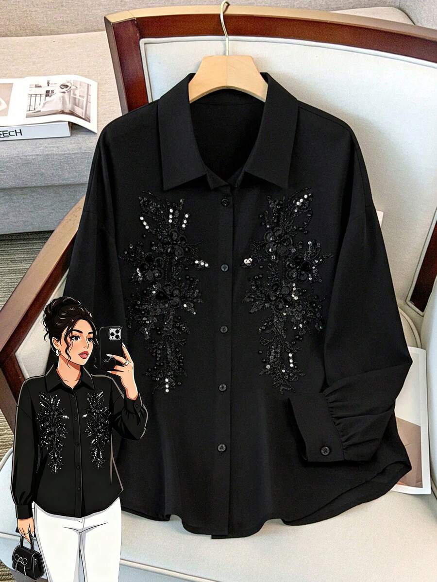 SHEIN Clasi 大码女式优雅亮片刺绣水钻灯笼袖衬衫 - 黑色 - 查看 1