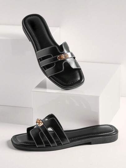 SHUZIA Women Minimalist Comfortable Metal Decor Slip-On Flat Sandals