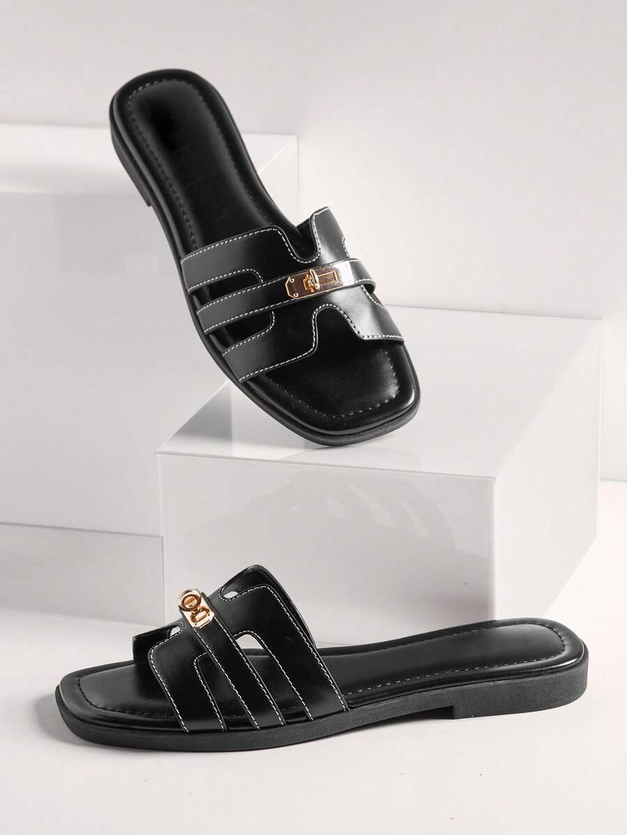 SHUZIA Women Minimalist Comfortable Metal Decor Slip-On Flat Sandals - Black - View 1