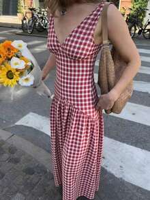 SHEIN PariChic 红色格子吊带连衣裙，优雅夏季度假装，时尚派对服饰 - 紅白色 - 查看 3