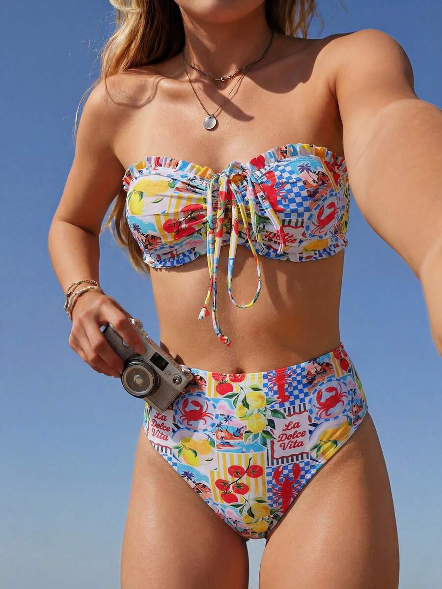 Swim Vcay 夏季度假性感时尚水果蔬菜印花露背抹胸两件式可拆卸肩带比基尼套装 - 彩色 - 查看 1